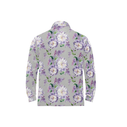 Lilac Pattern Print Design LI07 Long Sleeve Polo Shirt For Men's