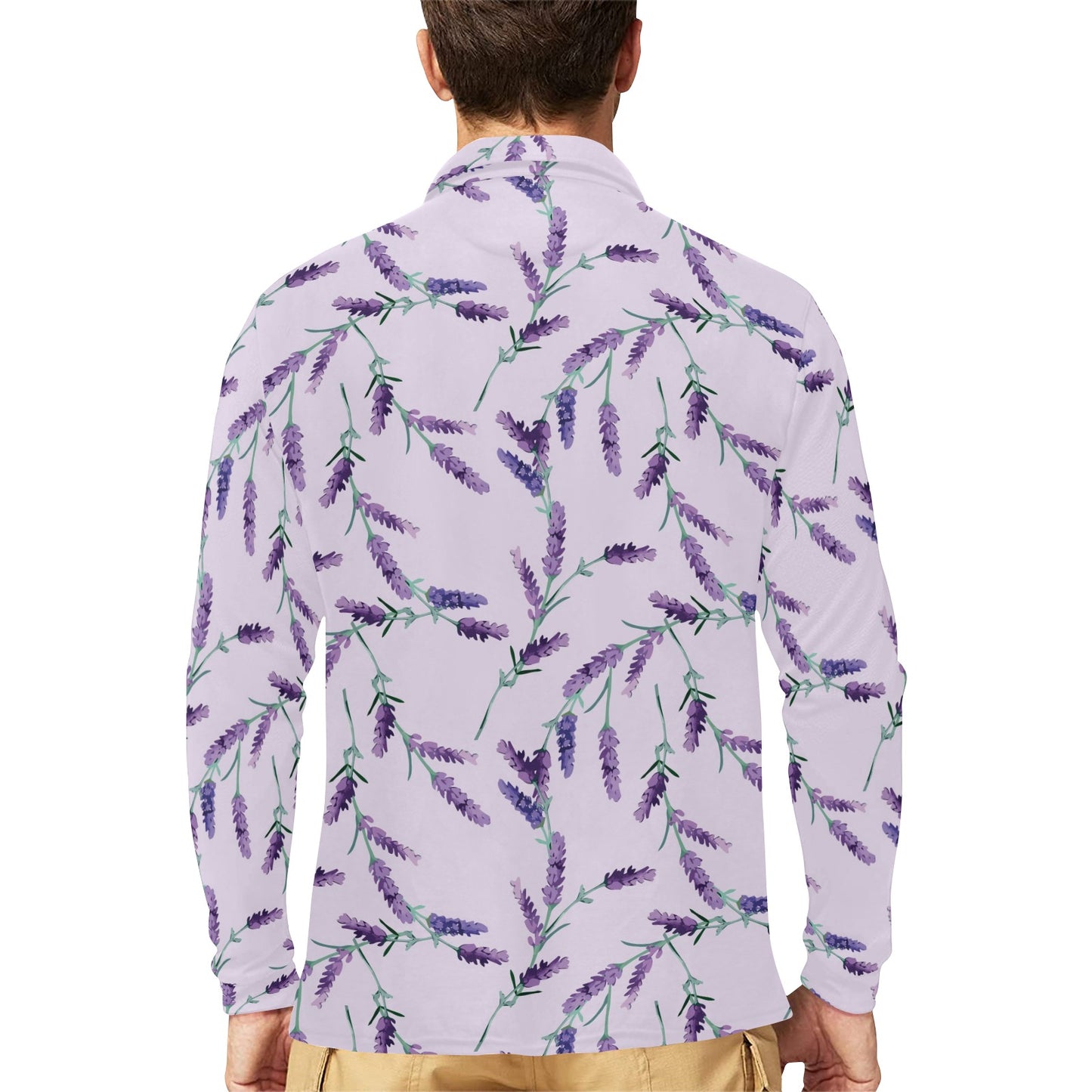 Lavender Pattern Print Design 02 Long Sleeve Polo Shirt For Men's