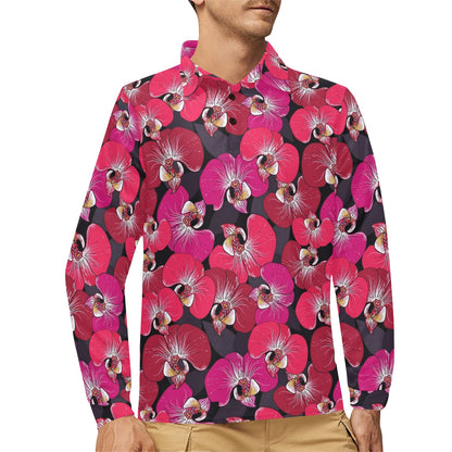 Orchid Red Pattern Print Design OR05 Long Sleeve Polo Shirt For Men's