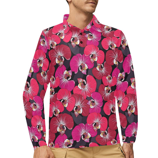 Orchid Red Pattern Print Design OR05 Long Sleeve Polo Shirt For Men's
