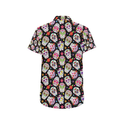 Sugar Skull Print Design LKS302 Men Short Sleeve Button Up Shirt