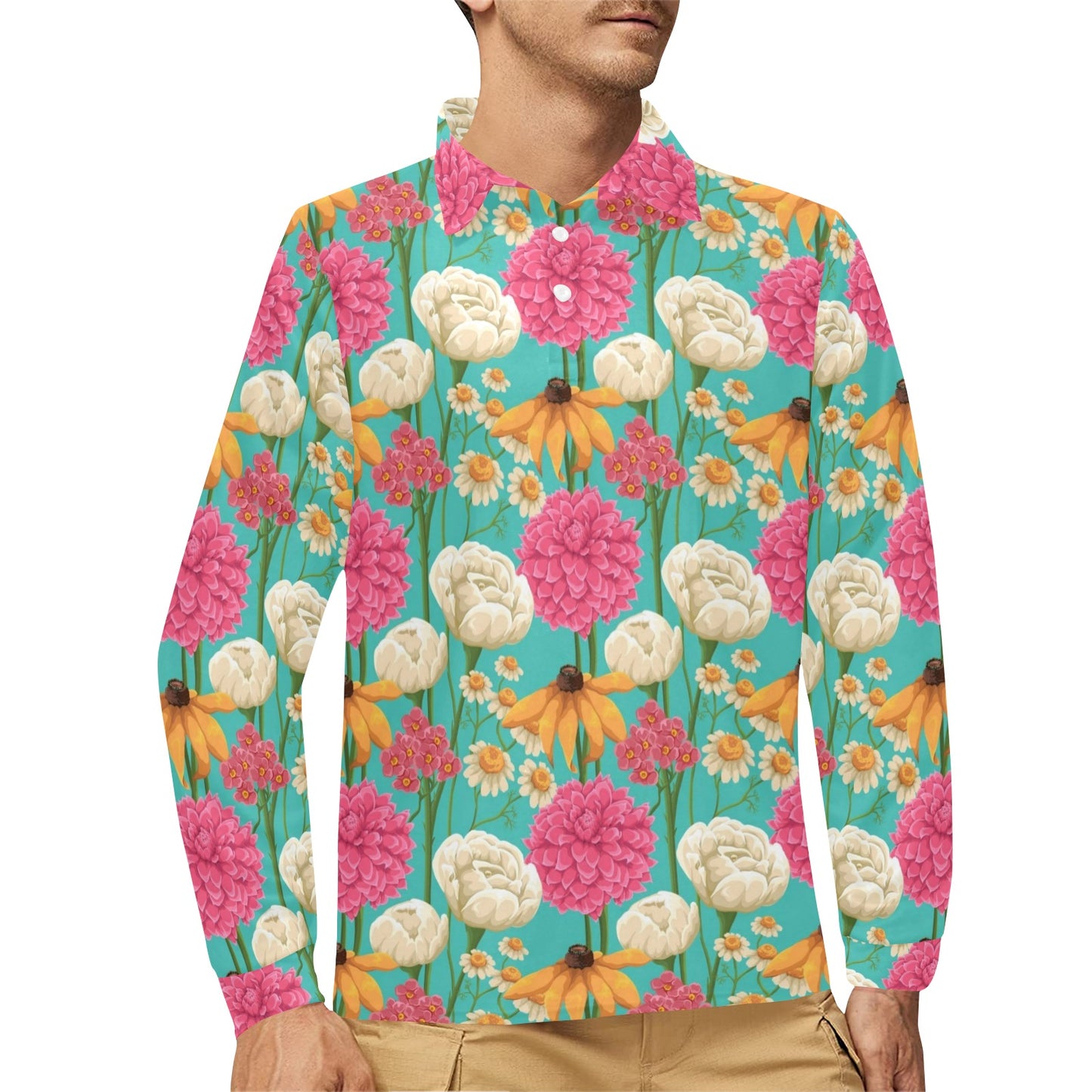 Summer Floral Pattern Print Design SF07 Long Sleeve Polo Shirt For Men's