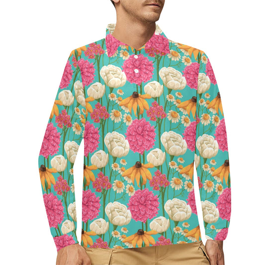 Summer Floral Pattern Print Design SF07 Long Sleeve Polo Shirt For Men's