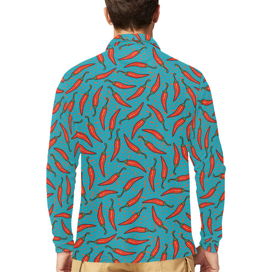 Chilli Pepper Pattern Print Design 05 Long Sleeve Polo Shirt For Men's