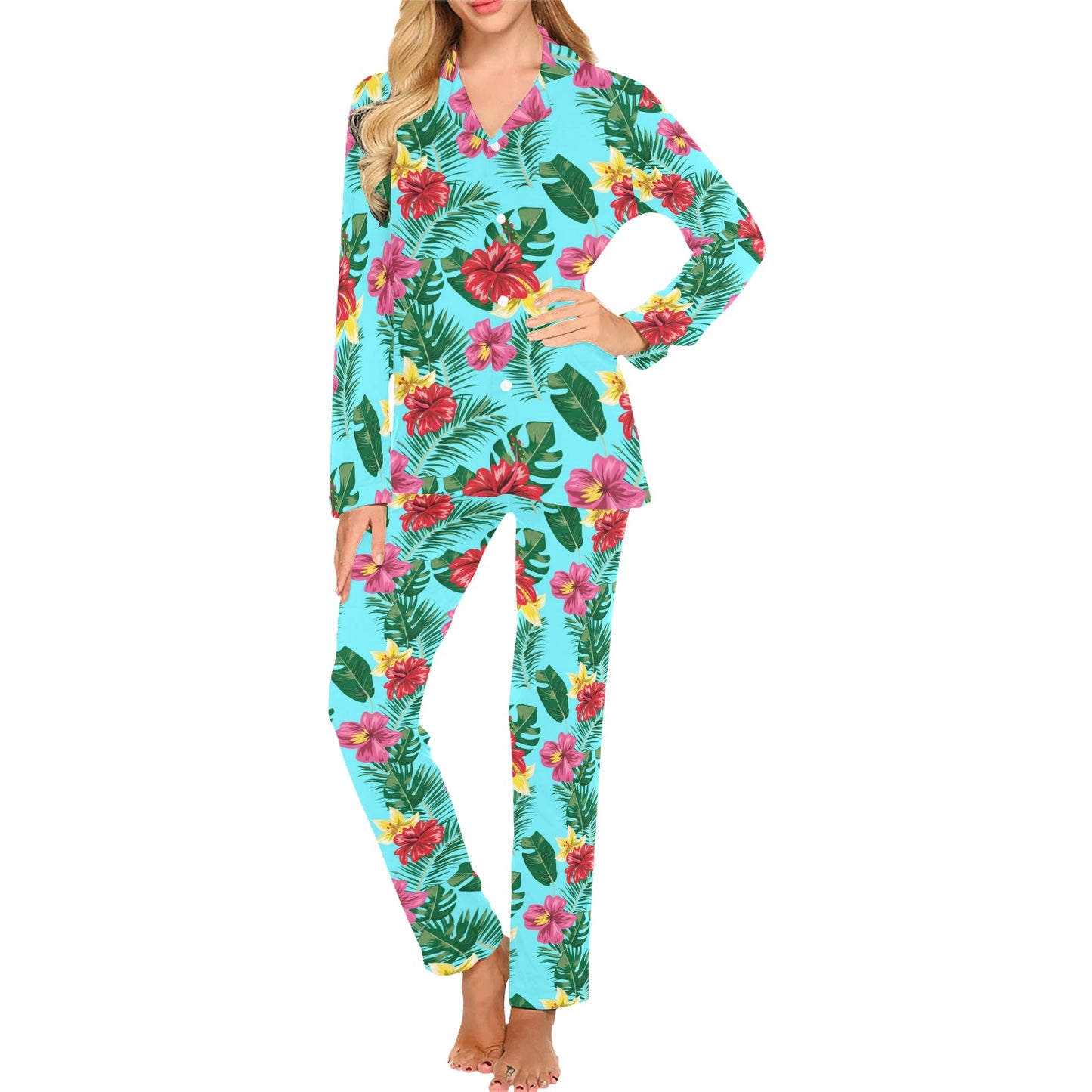 Hibiscus Hawaiian Flower Women's Long Pajama Set