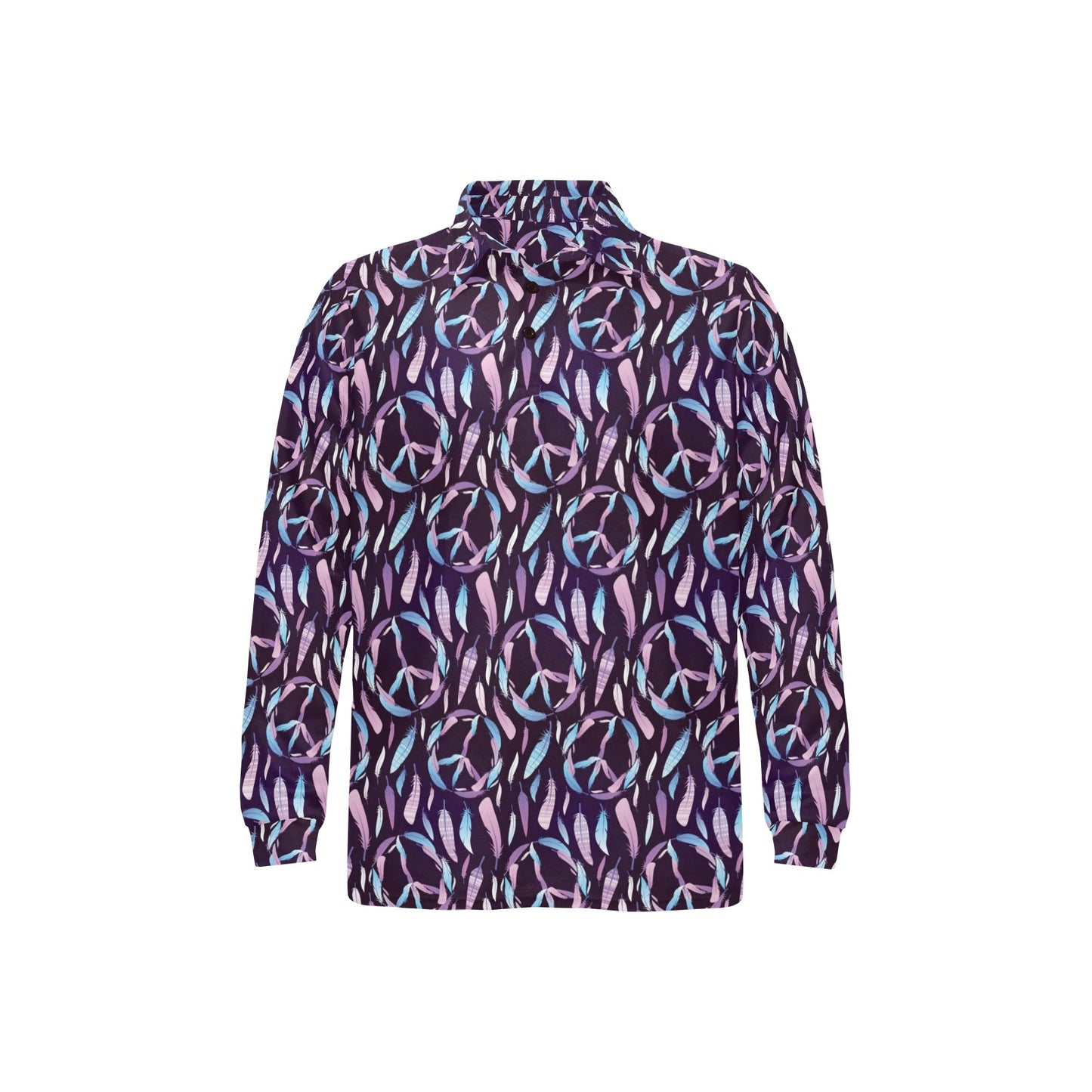 Peace Sign Feather Design Print Long Sleeve Polo Shirt For Men's