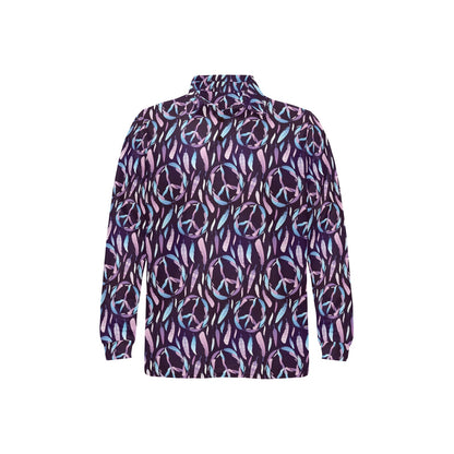 Peace Sign Feather Design Print Long Sleeve Polo Shirt For Men's