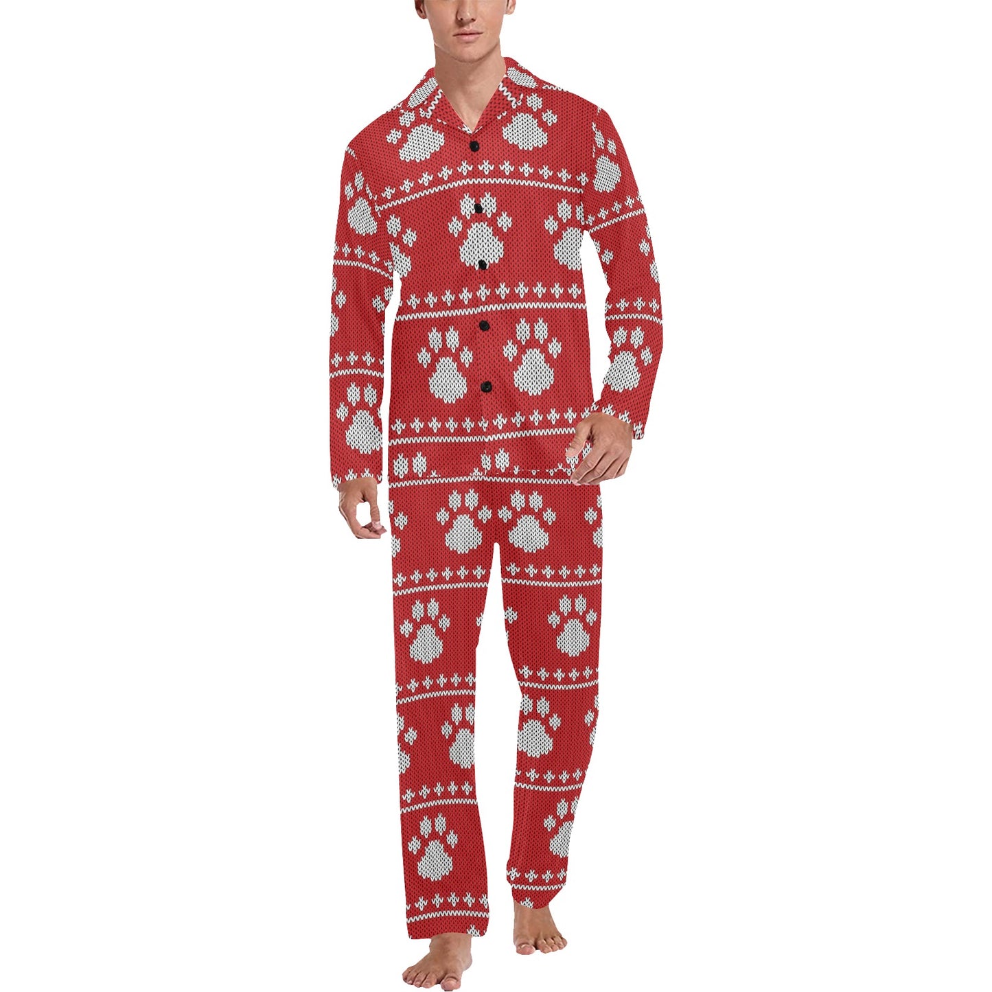 Knit Paw Pattern Print Design 03 Men's Long Pajama Set