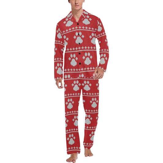 Knit Paw Pattern Print Design 03 Men's Long Pajama Set