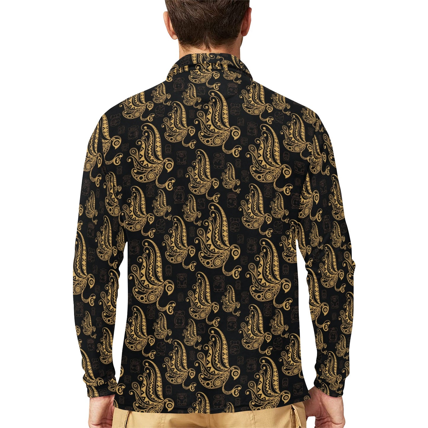 Owl Tribal Polynesian Design Print Long Sleeve Polo Shirt For Men's