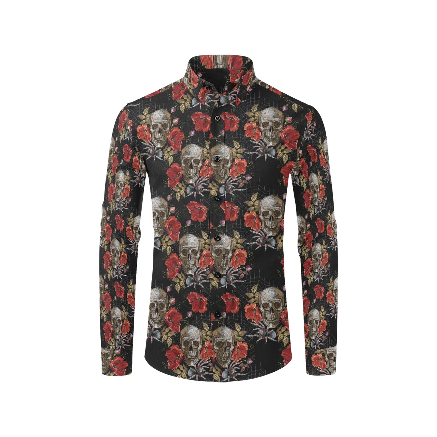 Spider Web Skull Rose Print Design LKS305 Men's Long Sleeve Dress Shirt