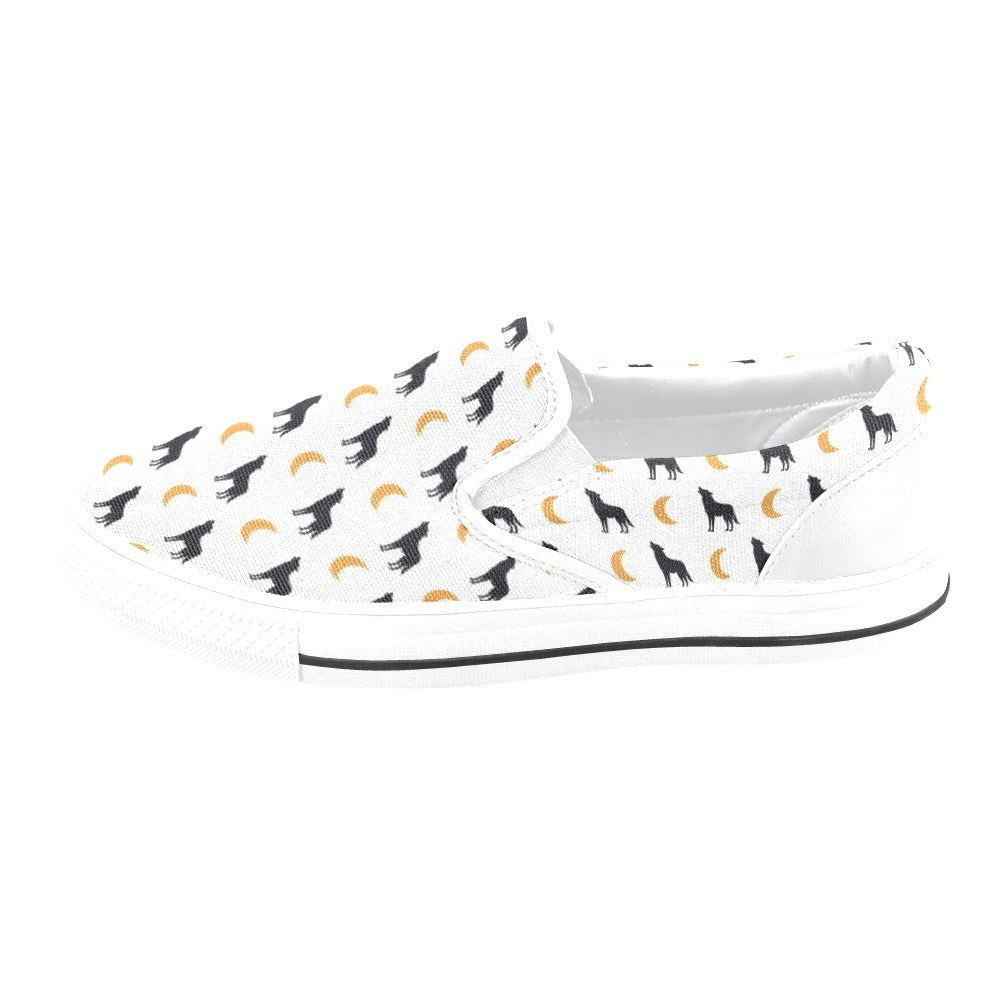Wolf Moon Print Design LKS302 White Slip Ons Canvas Women's Shoes