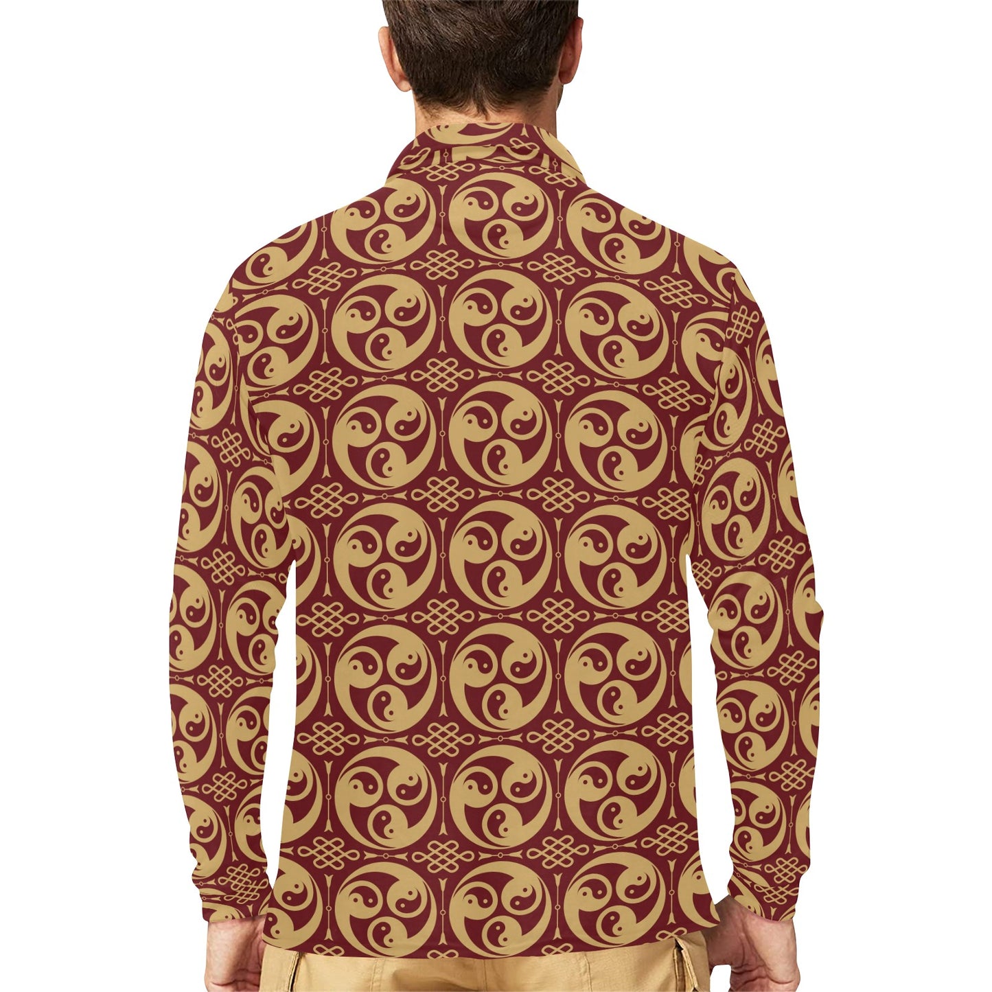 Yin Yang Style Pattern Design Print Long Sleeve Polo Shirt For Men's