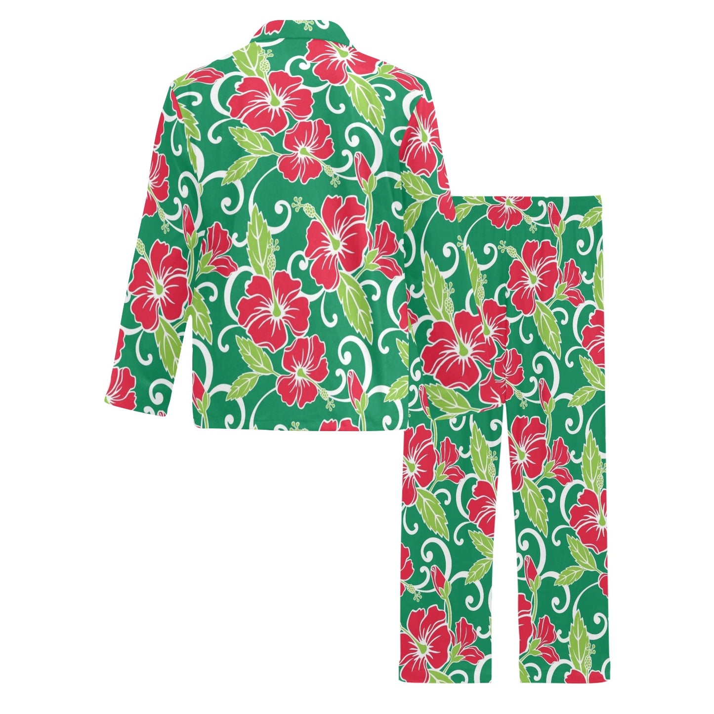 Red Hibiscus Pattern Print Design HB019 Men's Long Pajama Set