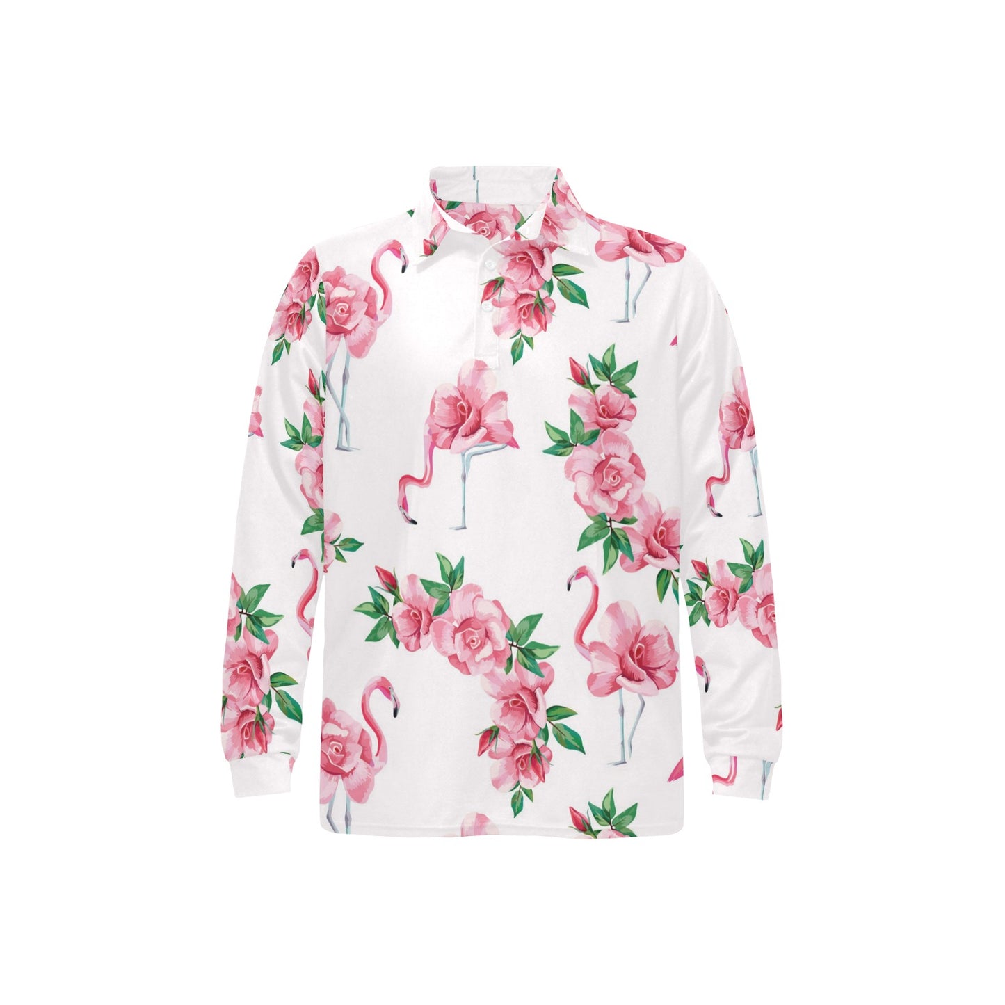 Flamingo Rose Pattern Long Sleeve Polo Shirt For Men's