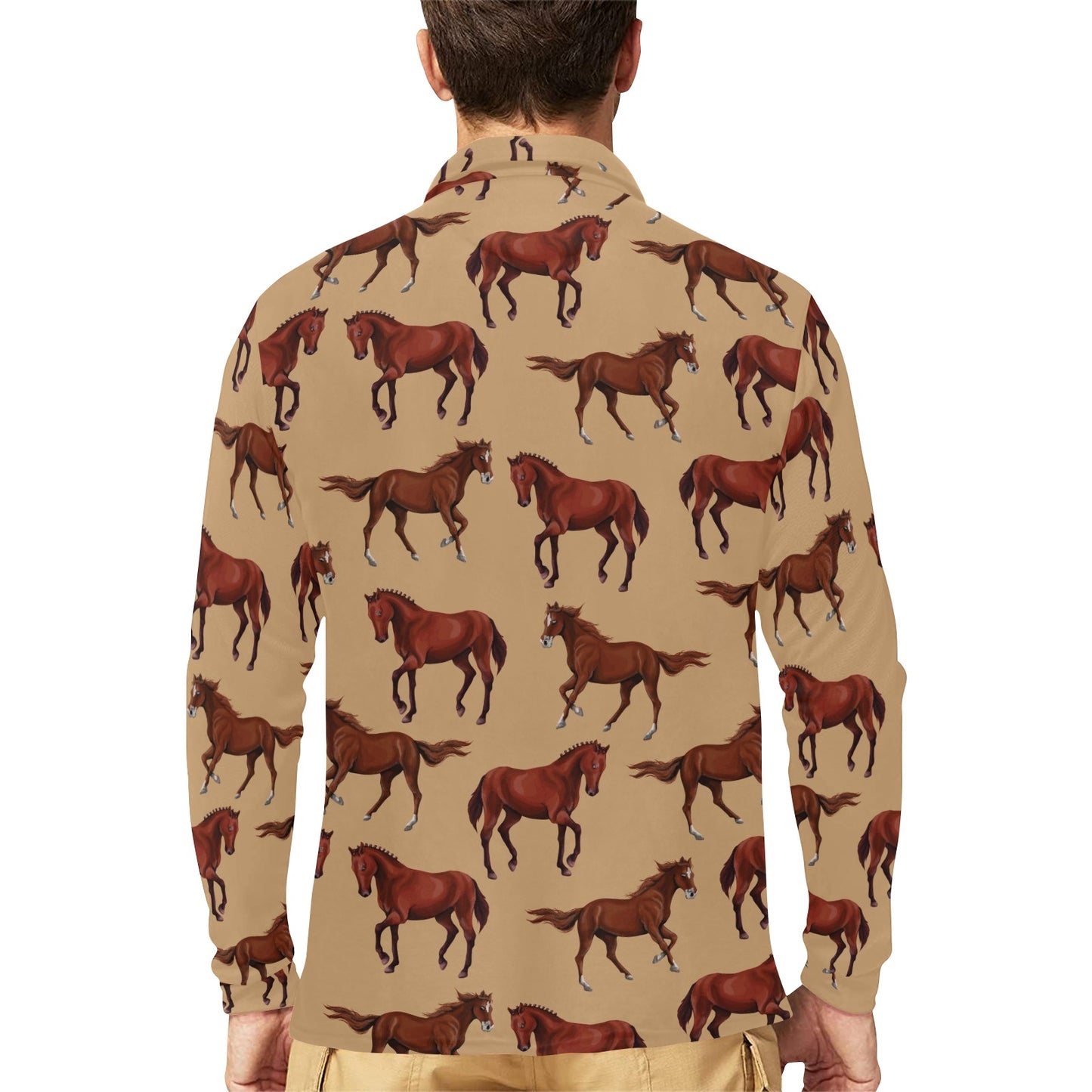 Brown Horse Print Pattern Long Sleeve Polo Shirt For Men's