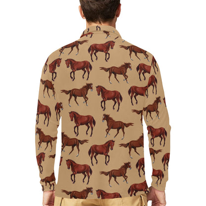 Brown Horse Print Pattern Long Sleeve Polo Shirt For Men's