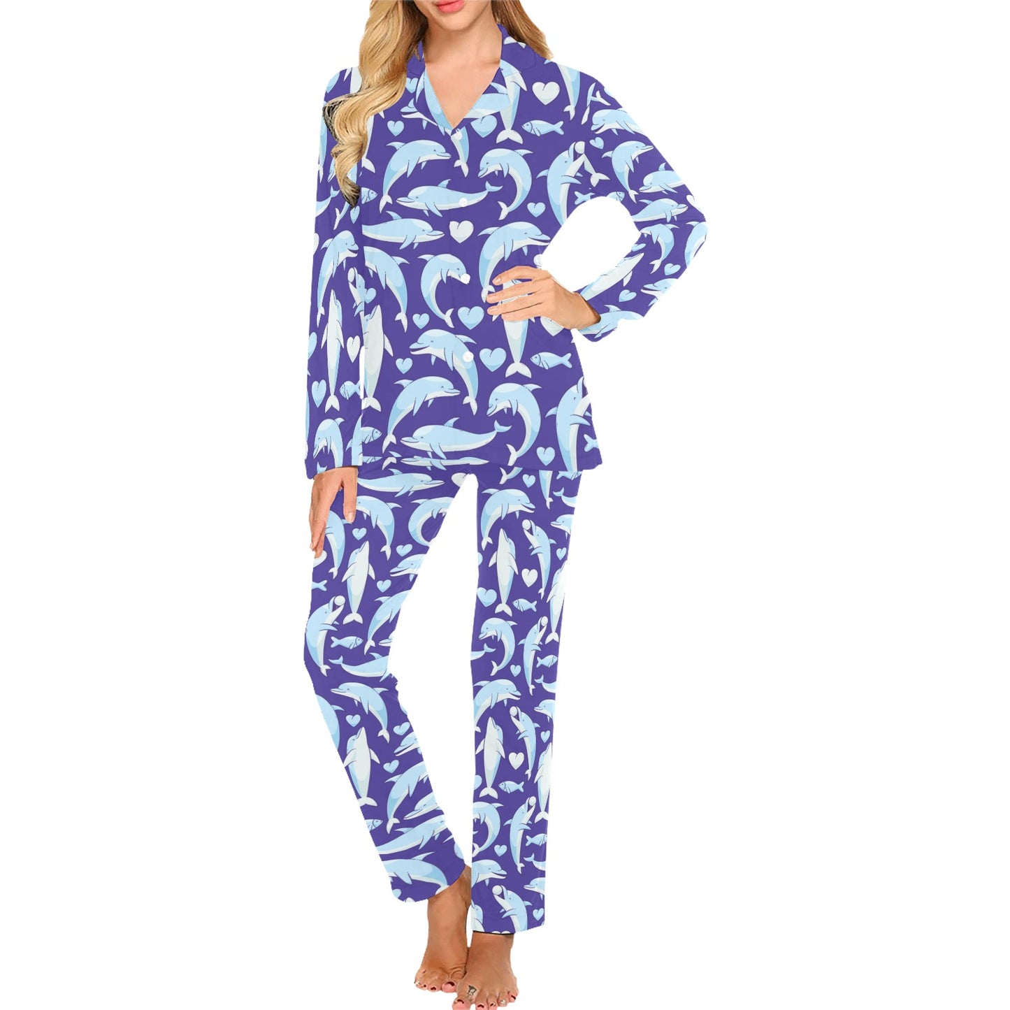 Dolphin Smile Print Pattern Women's Long Pajama Set