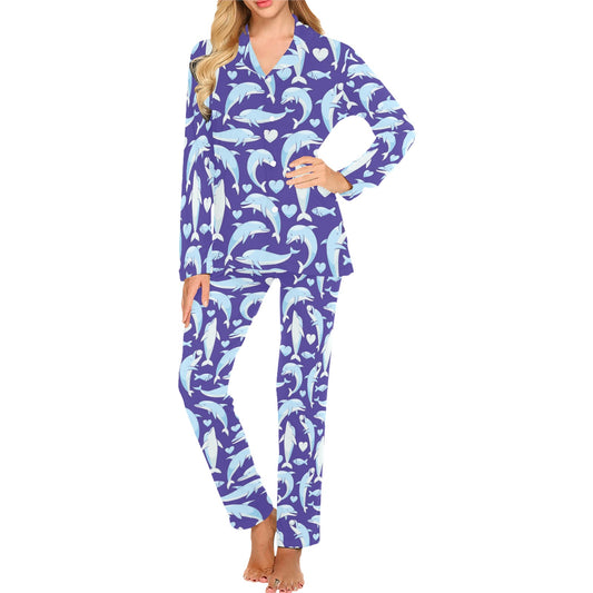 Dolphin Smile Print Pattern Women's Long Pajama Set