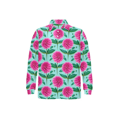 Dahlia Pattern Print Design DH08 Long Sleeve Polo Shirt For Men's
