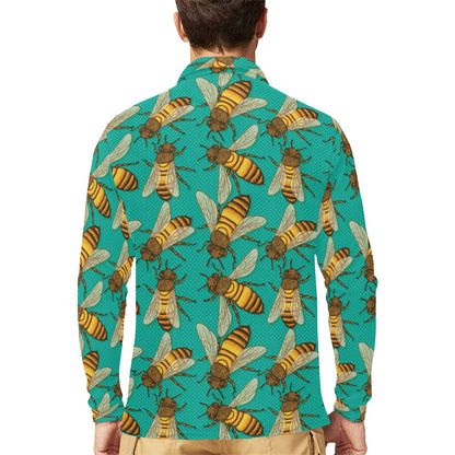 Bee Pattern Print Design BEE04 Long Sleeve Polo Shirt For Men's