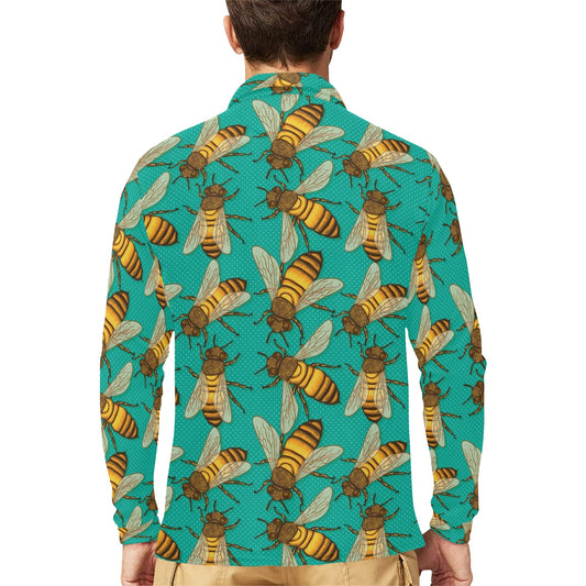 Bee Pattern Print Design BEE04 Long Sleeve Polo Shirt For Men's