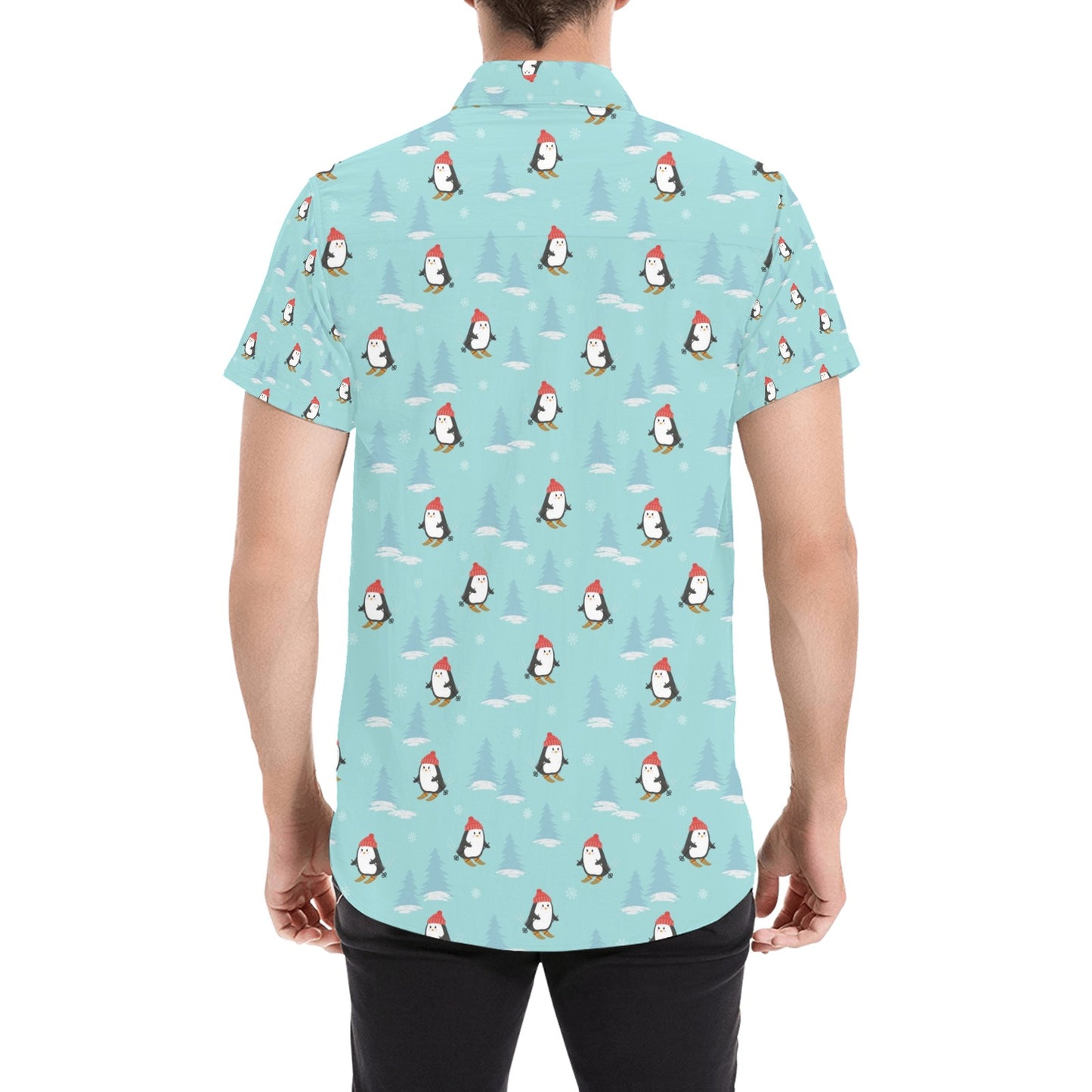 Ski Penguin Print Design LKS304 Men Short Sleeve Button Up Shirt