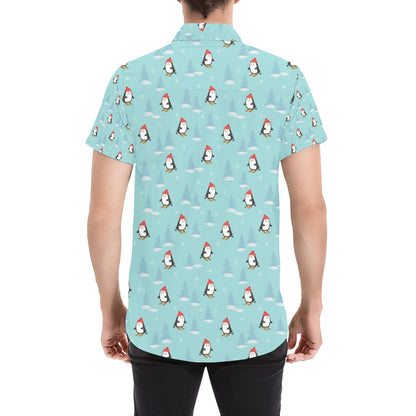 Ski Penguin Print Design LKS304 Men Short Sleeve Button Up Shirt