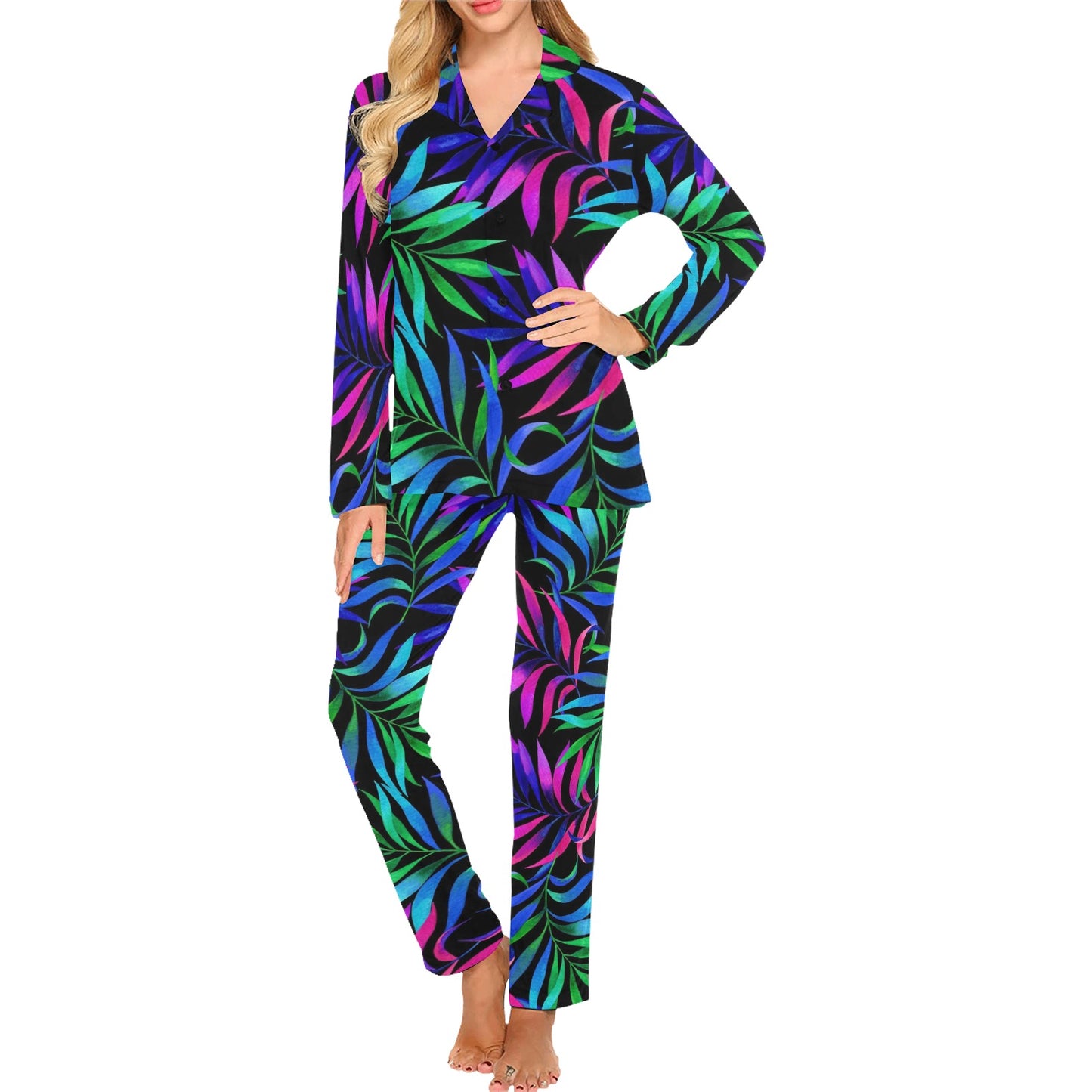 Tropical Flower Pattern Print Design TF010 Women's Long Pajama Set