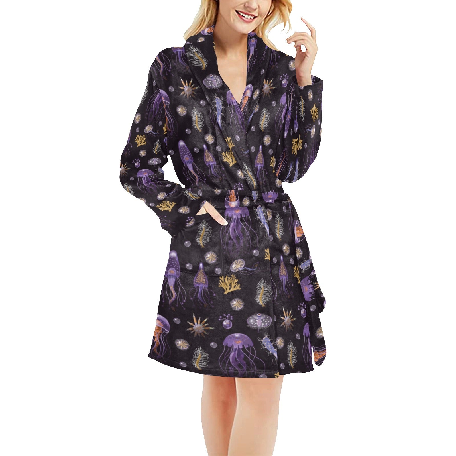 Seaweed With Jelly Fish Print Design LKS305 Women's Fleece Robe