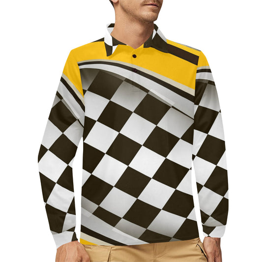 Checkered Flag Racing Style Long Sleeve Polo Shirt For Men's
