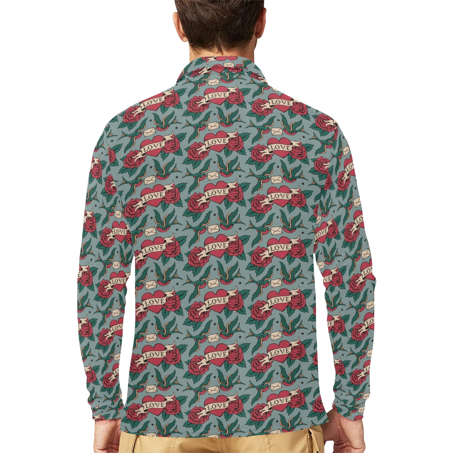 Tattoo Heart Print Design LKS301 Long Sleeve Polo Shirt For Men's