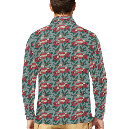 Tattoo Heart Print Design LKS301 Long Sleeve Polo Shirt For Men's