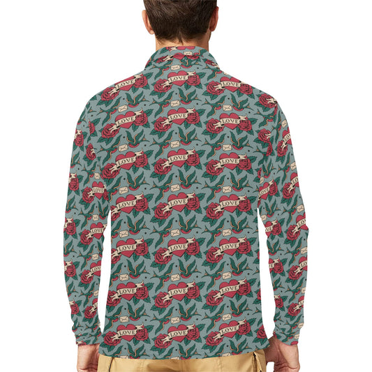 Tattoo Heart Print Design LKS301 Long Sleeve Polo Shirt For Men's