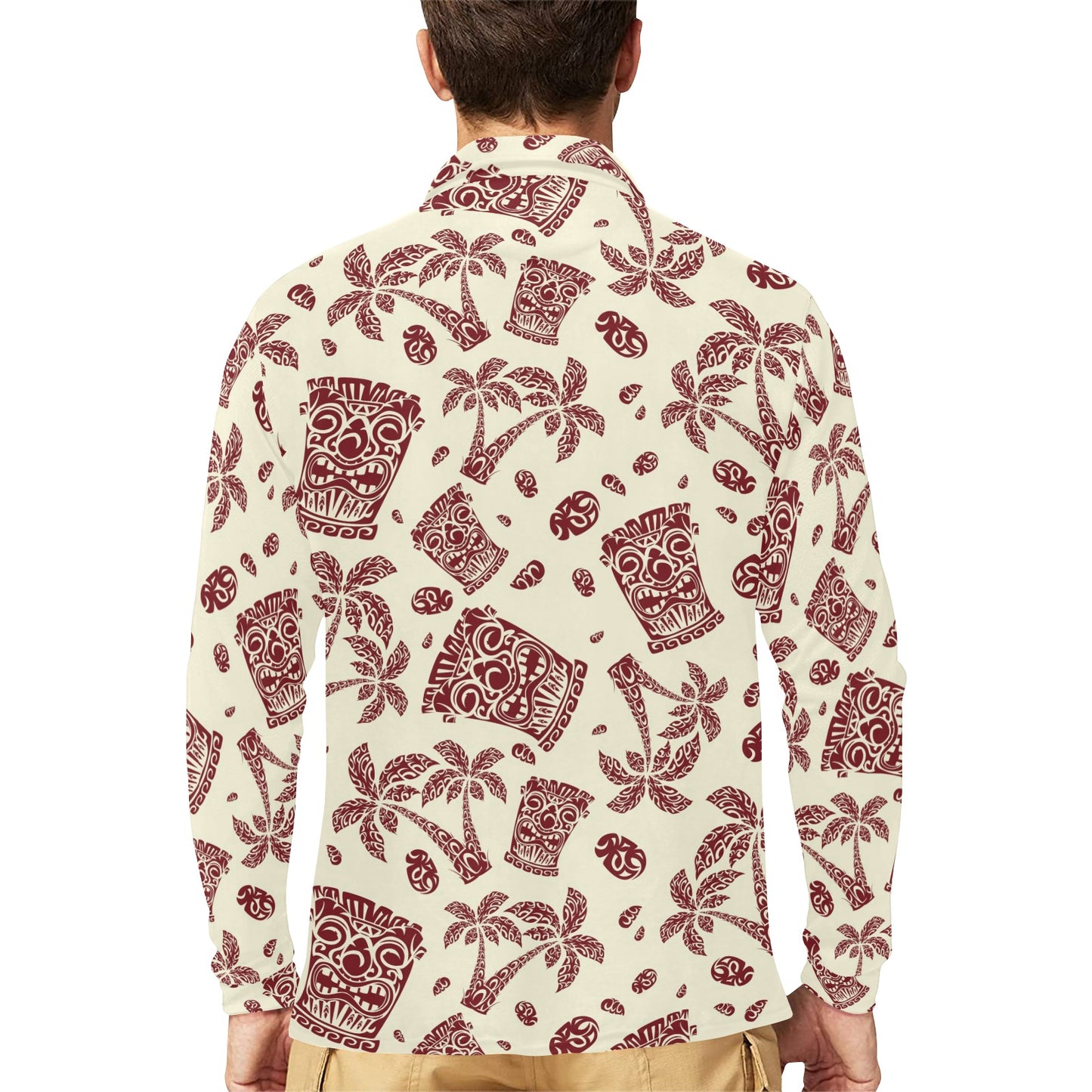 Tiki Tribal Mask Palm Tree Long Sleeve Polo Shirt For Men's