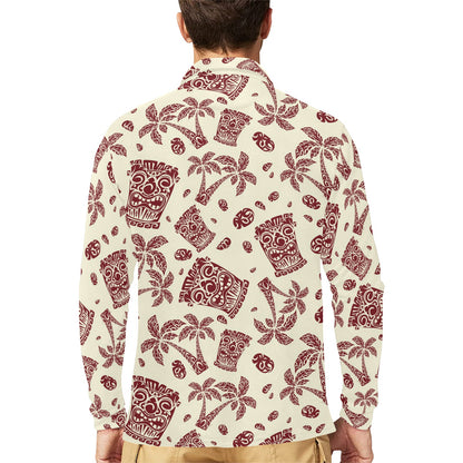 Tiki Tribal Mask Palm Tree Long Sleeve Polo Shirt For Men's
