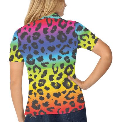 Rainbow Leopard Pattern Print Design A01 Women's Polo Shirt