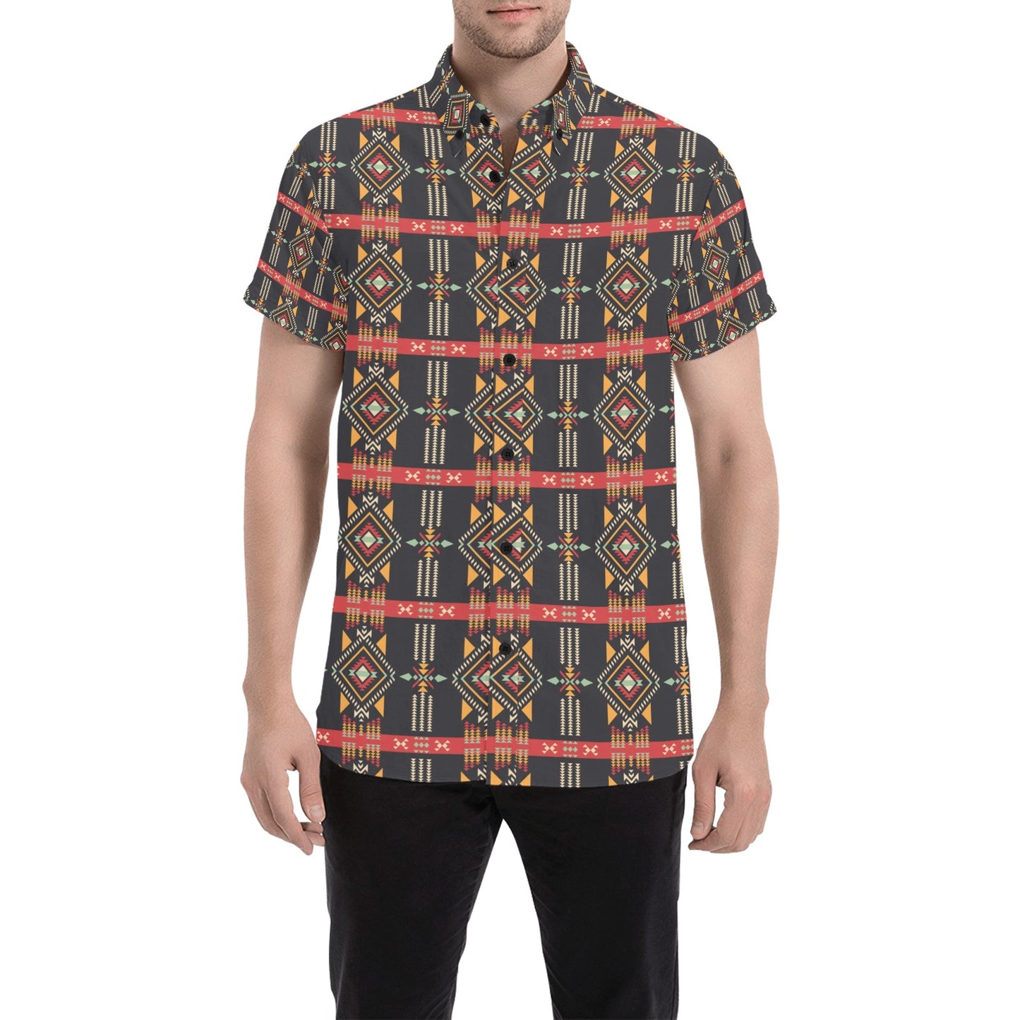 Southwest Pattern Print Design LKS303 Men Short Sleeve Button Up Shirt