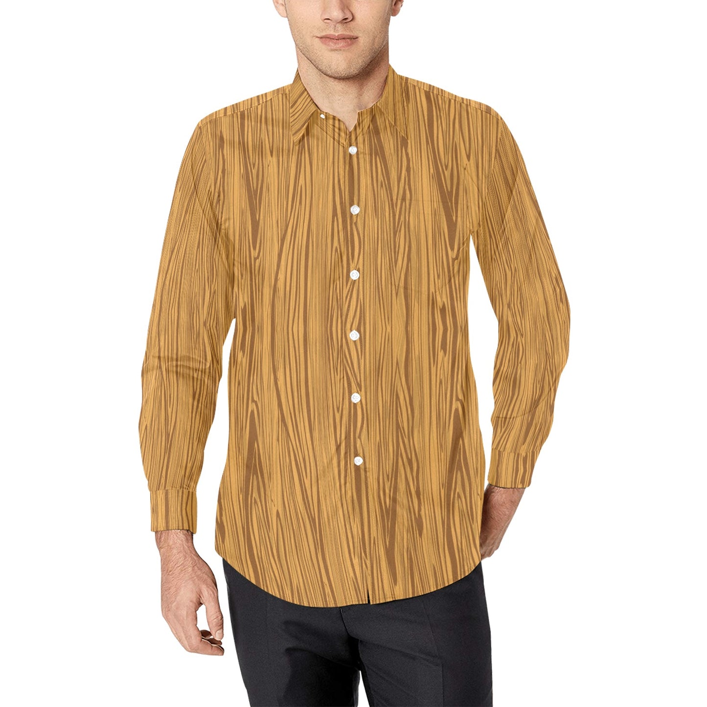 Wood Texture Print Design LKS301 Men's Long Sleeve Dress Shirt