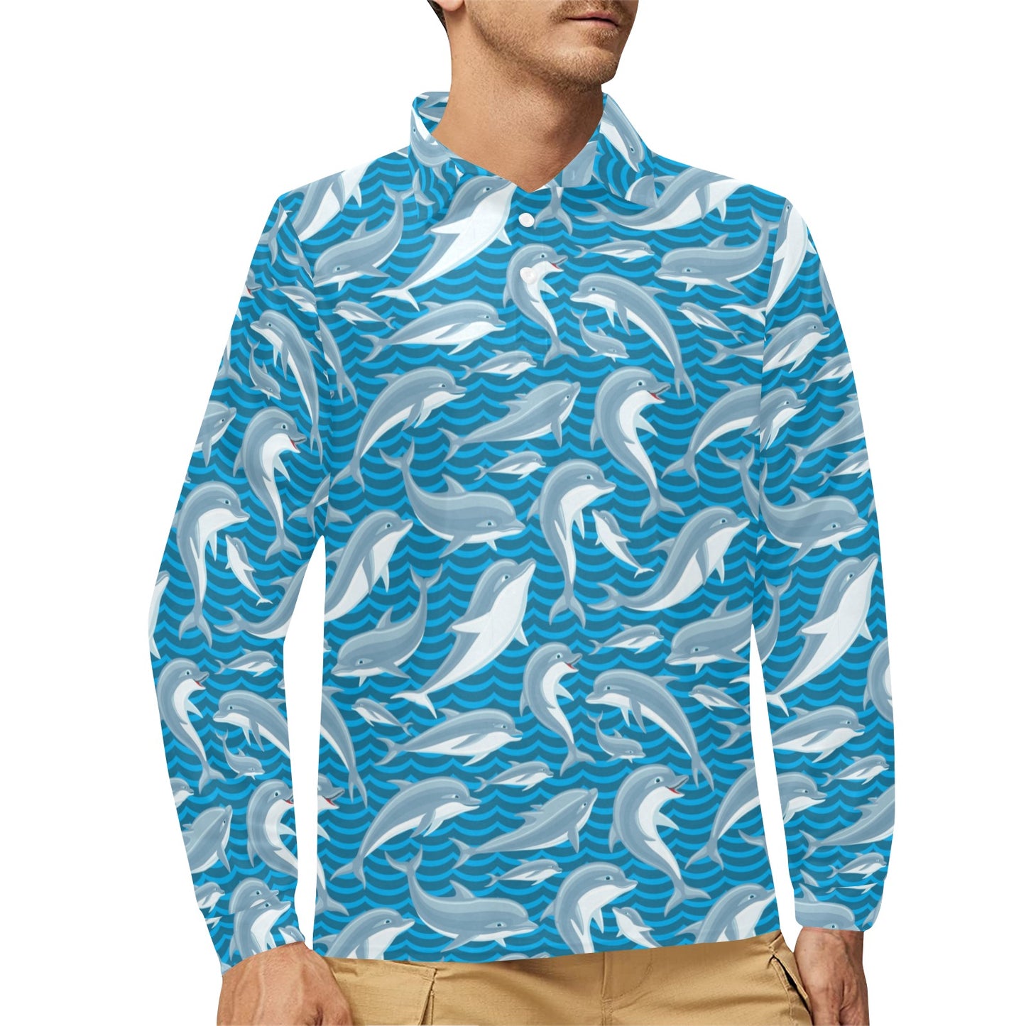 Dolphin Cute Print Pattern Long Sleeve Polo Shirt For Men's