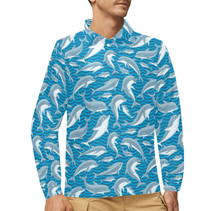 Dolphin Cute Print Pattern Long Sleeve Polo Shirt For Men's