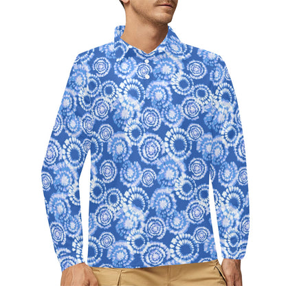 Tie Dye Blue Design Print Long Sleeve Polo Shirt For Men's