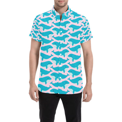Whale Print Design LKS302 Men Short Sleeve Button Up Shirt