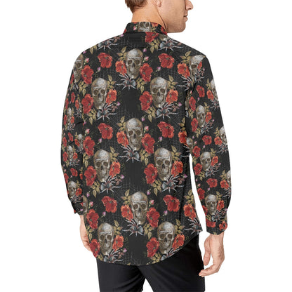 Spider Web Skull Rose Print Design LKS305 Men's Long Sleeve Dress Shirt