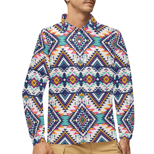 Tribal Aztec native american Long Sleeve Polo Shirt For Men's