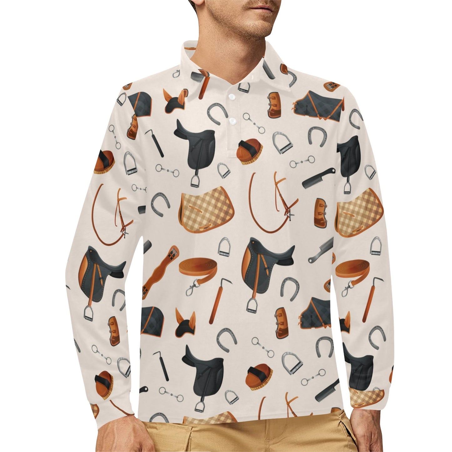 Equestrian Equipment Print Pattern Long Sleeve Polo Shirt For Men's