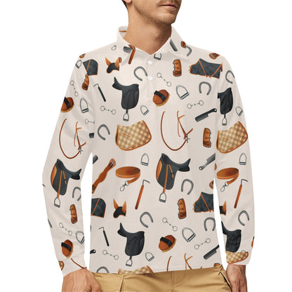 Equestrian Equipment Print Pattern Long Sleeve Polo Shirt For Men's