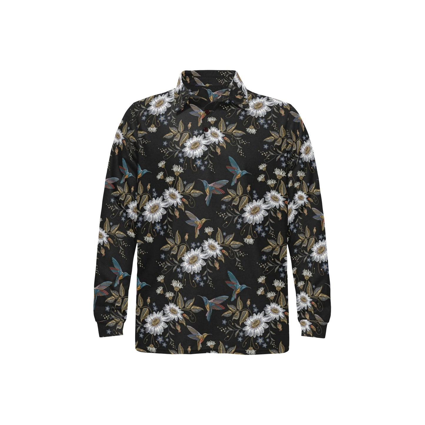 Hummingbird with Embroidery Themed Print Long Sleeve Polo Shirt For Men's