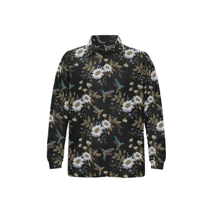 Hummingbird with Embroidery Themed Print Long Sleeve Polo Shirt For Men's