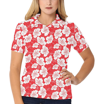 Flower Hawaiian Hibiscus Red Background Print Women's Polo Shirt